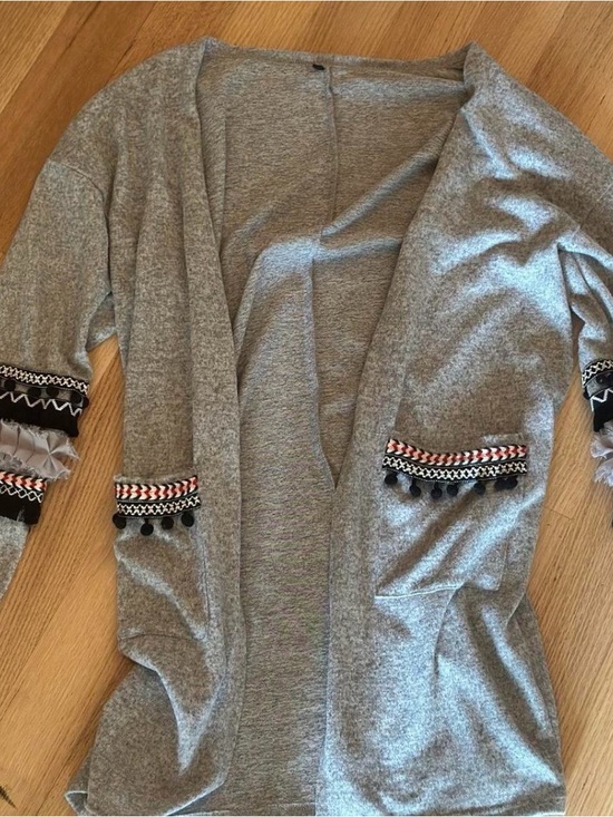 None Sweaters - Gray Women's Open-Front Cardigan with Embroidered Trim Small